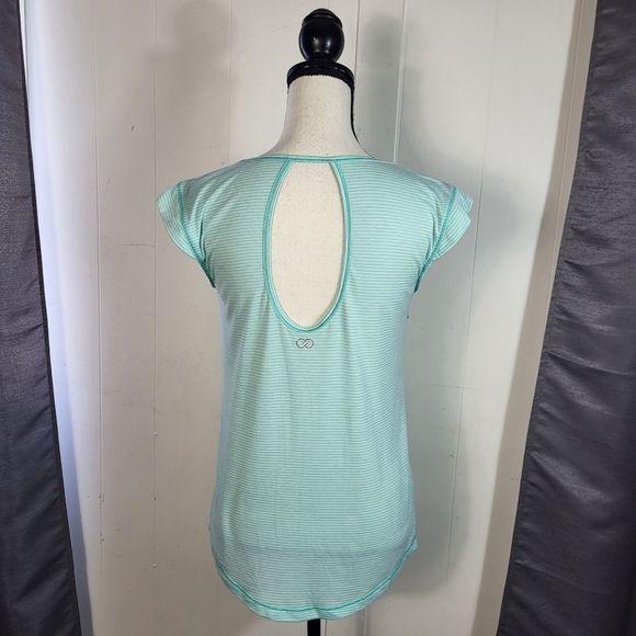 CALIA Mint Blue Green Mini Stripe Open Back Athleisure Tee Size Small - Picture 3 of 3